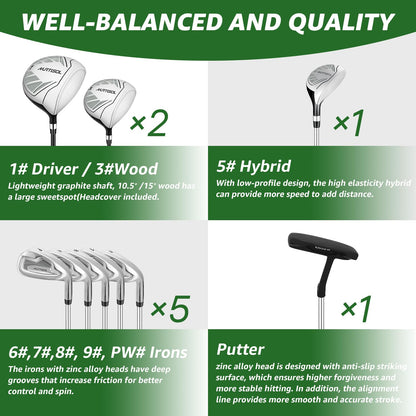 XDriveMax 10 Pieces Complete Ladies Golf Clubs Set Right Hand for Women Includes Cart Bag with Rain Hood, 1#Driver 3#Wood #5 Hybrid,with 3 Head Covers, 6# 7# 8# 9# PW# Irons and Putter